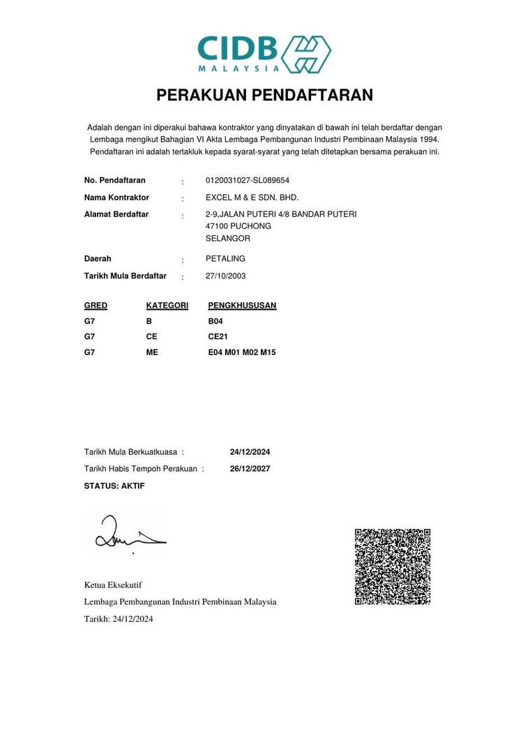 CIDB G7 registration certificate Excel M&E